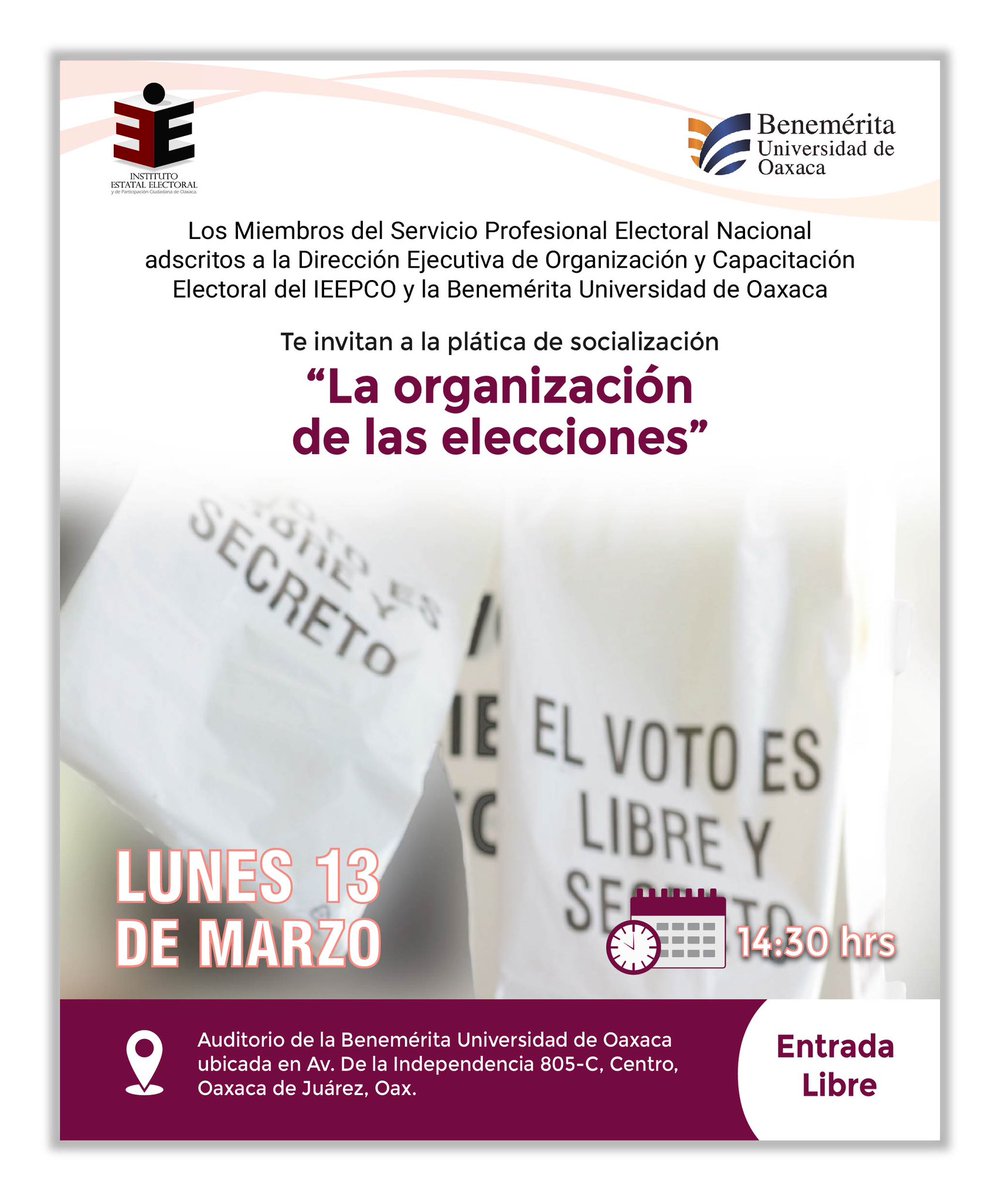 IEEPCO's tweet photo. El #IEEPCO y la BUO invitamos a la plática de socialización “La organización de las elecciones”
📆Lunes 13 de marzo
⏰14:30 horas 
📍Auditorio de la @BuoUniversidad https://t.co/vUJW2oq7CJ