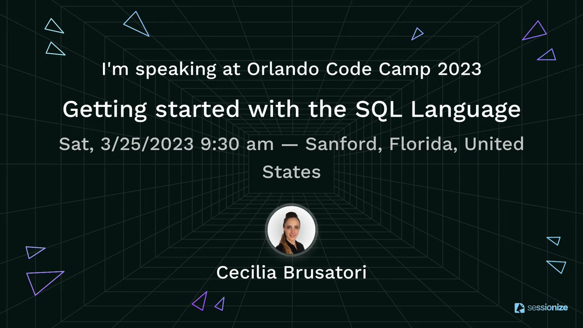ONETUG's tweet image. Come see Cecilia Brusatori&apos;s presentaton &quot;Getting started with the SQL Language&quot; at #OrlandoCodecamp on March 25th: buff.ly/3J3zql6 

@CeBrusa