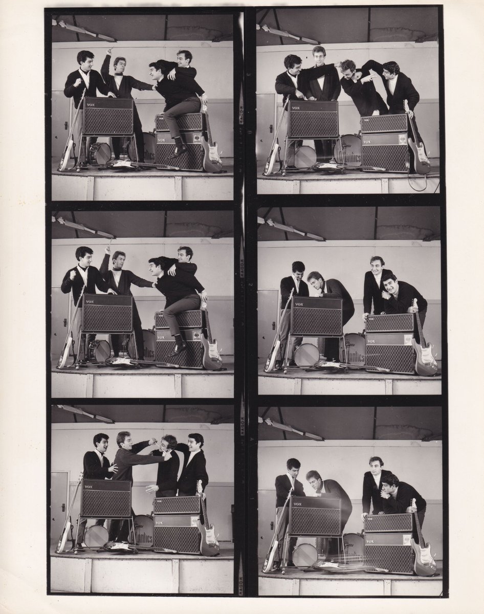 theatlantics's tweet photo. Proof sheet for the photoshoot for the Vox amplifier ads in the 60s. Getting a bit violent there, boys. 
#theatlantics #surfrock #surfguitar #peterhood #boscobosanac #jimskiathitis #martincilia #bombora #flightofthesurfguitar #ausrock #garage https://t.co/RDFGZ5HRQj