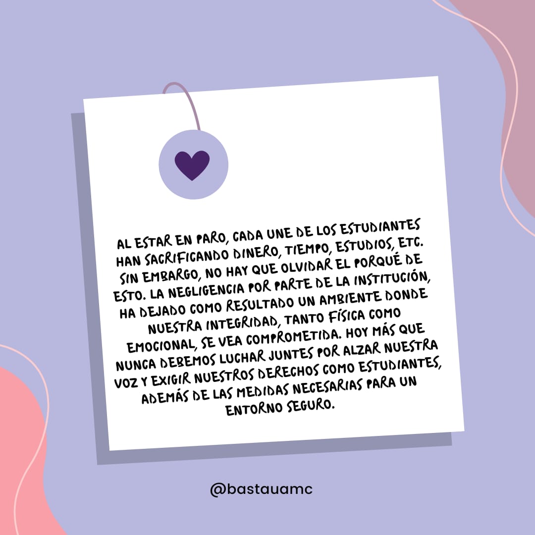BastaUAMC's tweet photo. Nuestro propósito es velar por el bienestar de todes nosotres. Sabemos que estamos sacrificando mucho, pero nuestra seguridad lo vale.
#lauamcnomecuida
#mecuidanmisamigas
#uamcencubridores
#rompeelsilenciouamc
#unaunidadsinagresores
#yanoestiempodecallar
#rompeelpactopatriarcal https://t.co/hZR7tJKUxe