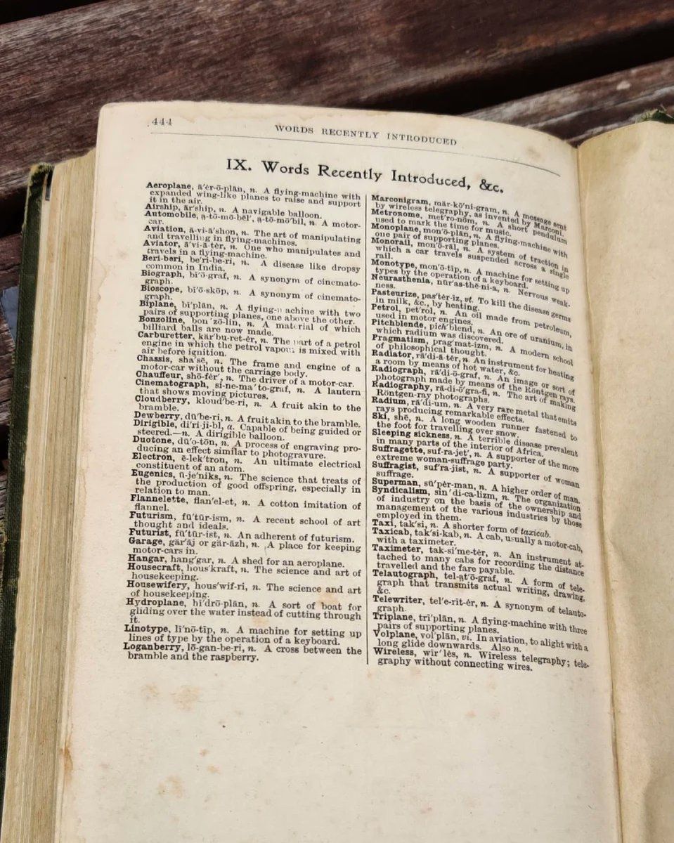 This is a page from a dictionary from the year 1900. That year, among the NEW words added were, "Automobile," "Electron," "Garage," "Ski," "Taxi," and "Wireless."