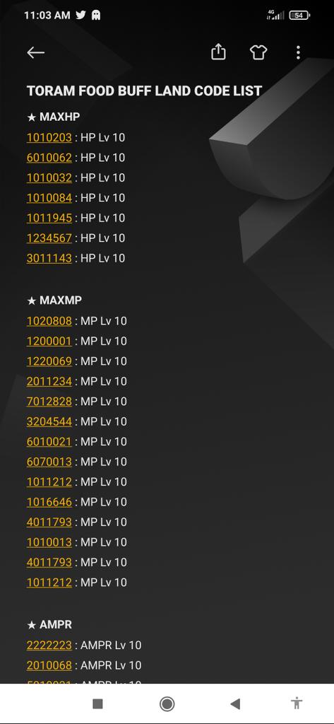 Toram_Jiang's tweet photo. Hello my Toram Friends, I just want to share my compilation of Food Buff Land Codes for y'all to enjoy, If you know any other food buff land codes which have higher lvl, lemme know and I'll add them on the list. Thank you
Part 1
#Toram #ToramOnline #LandCode https://t.co/Iet1FEA35u