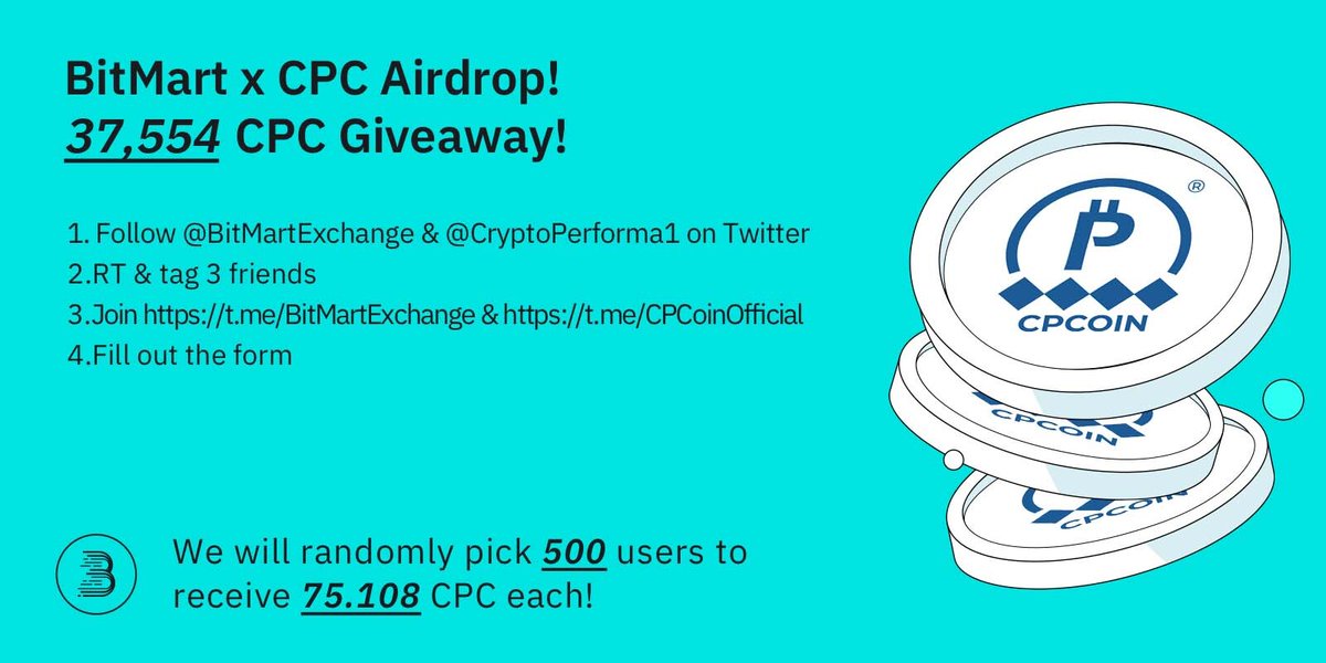 🎉To celebrate @CryptoPerforma1 listing, join &amp; win 37,554 $CPC 🤑
 
1⃣Follow <a href="/BitMartExchange/">BitMart</a>&amp; @CryptoPerforma1 2⃣RT&amp; tag 3frds
3⃣Join t.me/BitMartExchange&amp; t.me/CPCoinOfficial
4⃣Fill forms.gle/vbQmB8LgpARFoG…

💎500 lucky winners get 75.108 CPC each!
⏰By 11PM UTC Mar 17