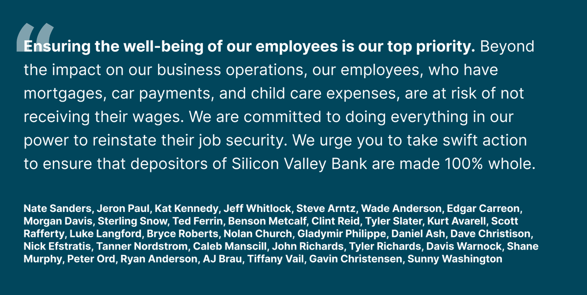 Today, dozens of Utah founders worked to send a letter to our senators and congress members. It urges our elected officials to urgently move around policy that will ensure that SVB depositors receive 100% of their funds, and explained the severe impact that settling with only