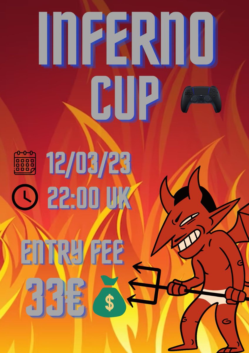 🔥5° FIFA 23 INFERNO CUP🔥
             ⚠️SUNDAY⚠️    

TODAY!
𝙁𝙄𝙁𝘼 23 - 𝙋𝙧𝙤 𝘾𝙡𝙪𝙗𝙨 𝙏𝙤𝙪𝙧𝙣𝙖𝙢𝙚𝙣𝙩! 
(PS5)

If any question, message this page, <a href="/luca_nr1_/">Luca-nr1</a>  or <a href="/GoncaloFSM_/">Gonçalo Madeira</a> .

Team check-in is on discord👇
discord.gg/rc2yGUcB