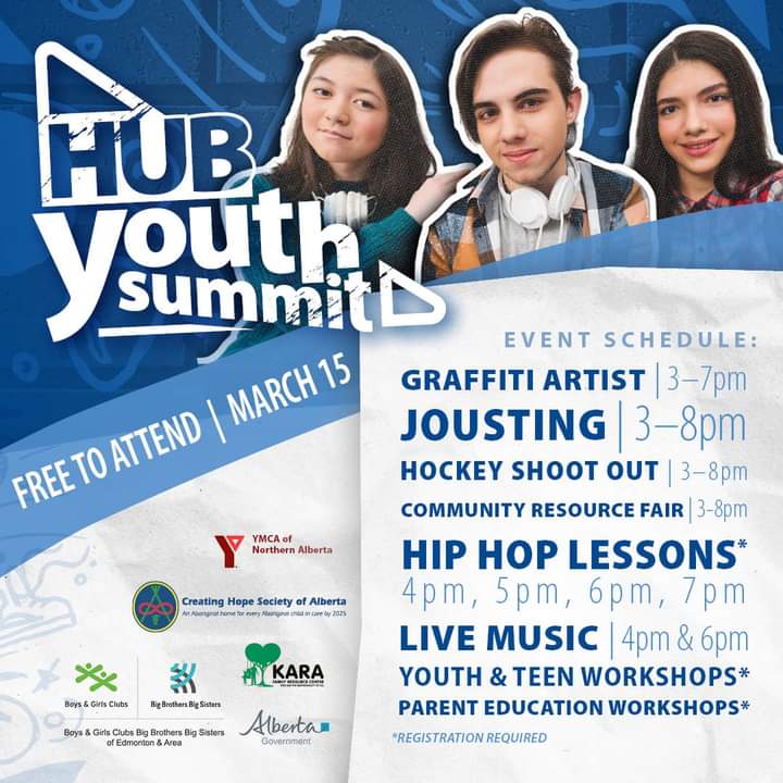 YMCA of Northern AB - Edmonton (@ymcaedm) on Twitter photo Youth 12–17 and parents/caregivers are invited to attend this FREE event at Castle Downs Family YMCA focused on sharing resources and supports for teens and families in Edmonton.
Visit ymcanab.ca/HUBYouthSummit to register. Contact infohub@ymcanab.ca for more info.
#yegevents #yeg Youth 12–17 and parents/caregivers are invited to attend this FREE event at Castle Downs Family YMCA focused on sharing resources and supports for teens and families in Edmonton.
Visit ymcanab.ca/HUBYouthSummit to register. Contact infohub@ymcanab.ca for more info.
#yegevents #yeg
