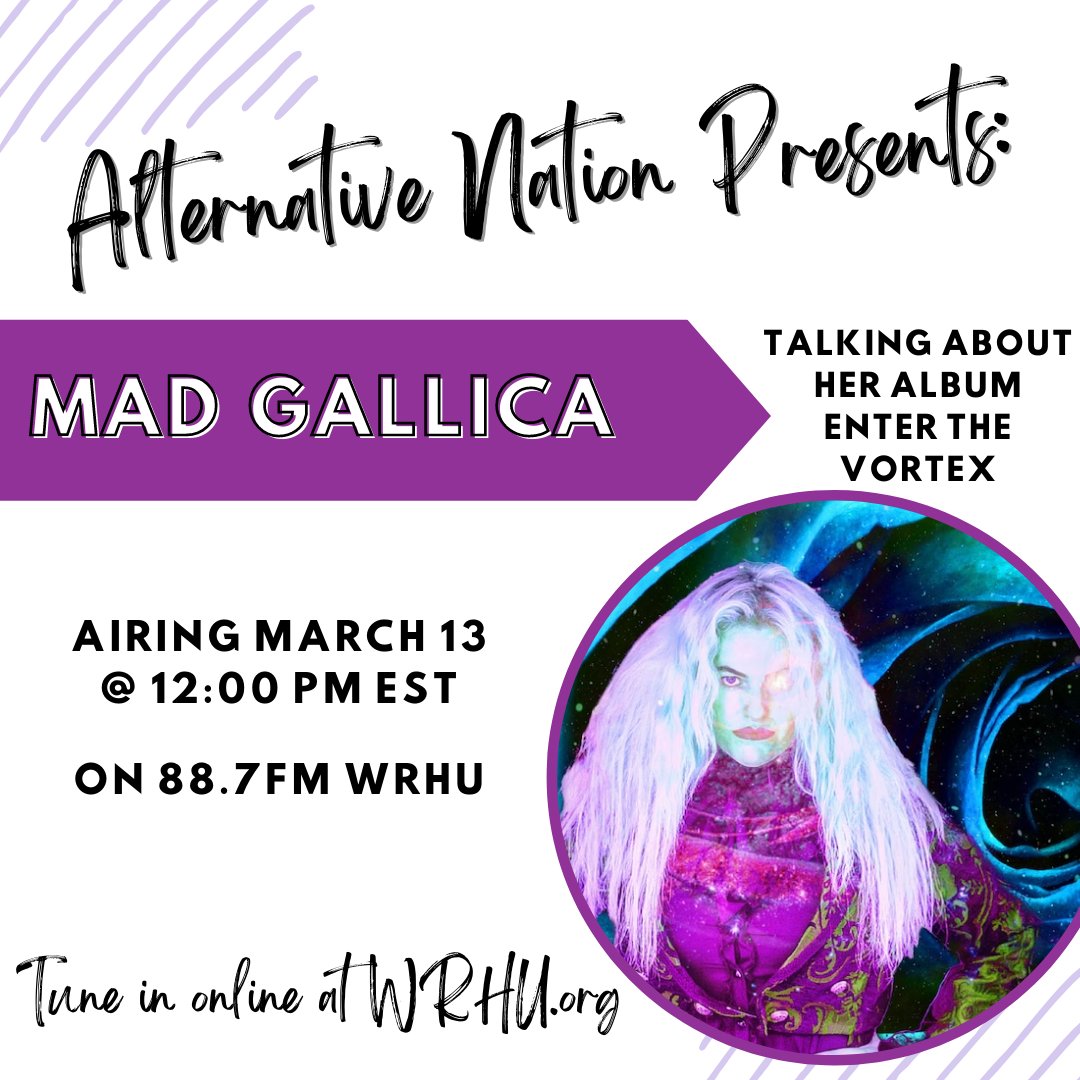 This Monday- make sure to tune in to WRHU.org at noon for an interview with @madgallica!
Hear all about her debut album, Enter the Vortex and listen to a clip of the track Dagger.