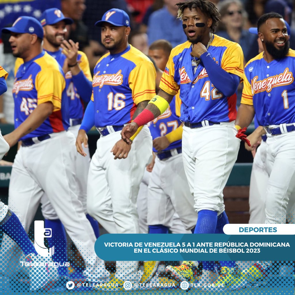 Telearagua's tweet photo. #AHORA 📣⚾️
Venezuela 🇻🇪 venció 5-1 a República Dominicana 🇩🇴

¡SEÑORES! 📣
Así comienza la historia para Venezuela 🇻🇪 en el Clásico Mundial de Beisbol 2023 ⚾️🇻🇪💯
•
#Venezuela #Aragua #Telearagua #Beisbol https://t.co/QktfE806Tm