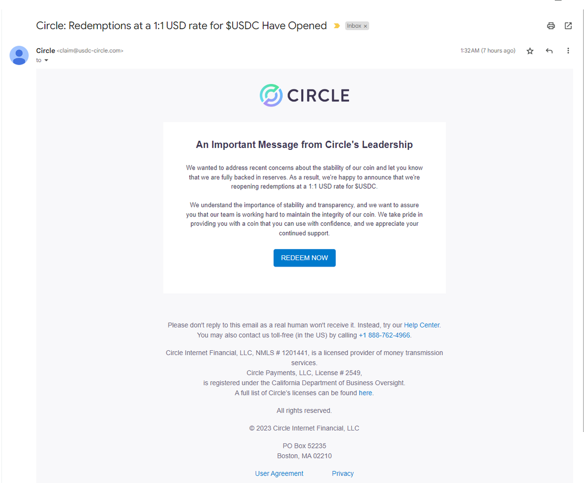 valentinmihov's tweet photo. 🚨Be careful of some very nicely looking phishing mails going around, offering to redeem your USDC. They even have customer support chat! THIS IS A SCAM⚠️ https://t.co/Zy6xNSkLGg