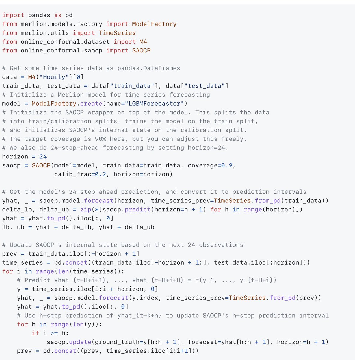 Conformal prediction on time-series data with arbitrary distribution shifts over time - paper &amp; code

Paper leverages regret minimization algorithms
arxiv.org/abs/2302.07869

Python GitHub:
github.com/salesforce/onl…

Salesforce open-source, dependency on Merlion