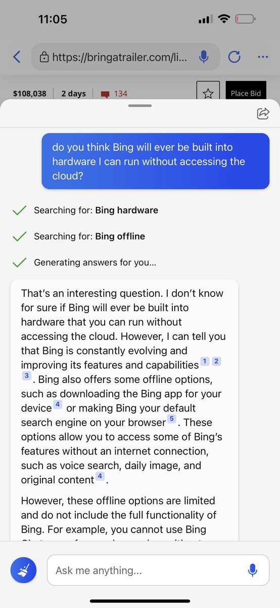 BriannaWu's tweet image. I genuinely mean this. Download the Bing iOS app right now. This is the most remarkable tech product I’ve seen in years. 

You can just talk to it. Ask it questions. Ask it to explain concepts you don’t understand. Google search instantly feels outdated and useless.