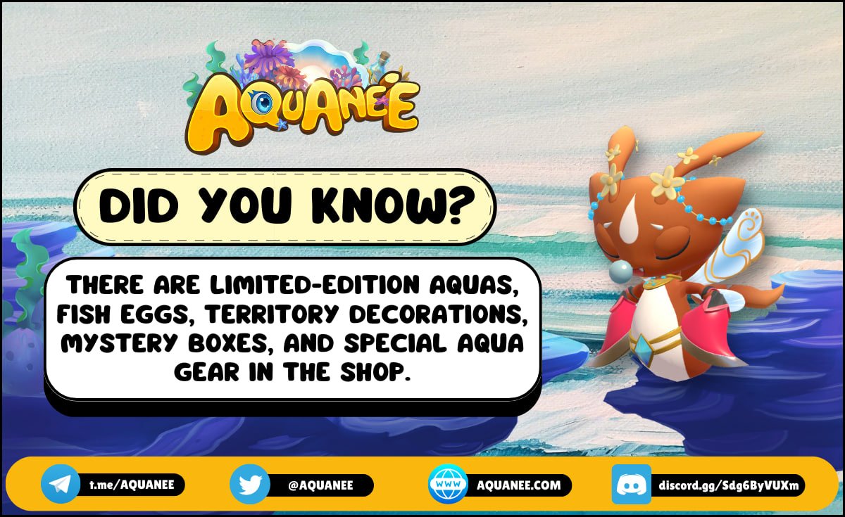 aquanee's tweet photo. 🐡 Listen up, Aquanians! Another opportunity for you to recap and learn more about AQUAs. 🐟

☝️ Limited-edition AQUAs, fish eggs, territory decorations, mystery boxes, and special AQUA gear are available in the shop. 🛒 https://t.co/ljbxibcTHw