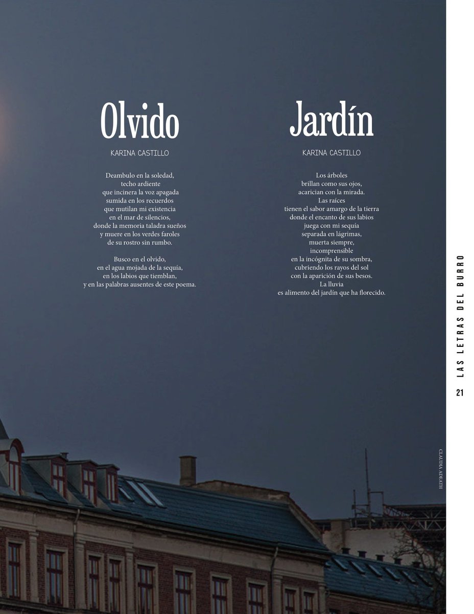 LetrasDelBurro's tweet photo. Quinto número. Páginas 20 y 21
Estrellas
Olvido
Jardín
Por: Karina Castillo
Número completo: https://t.co/f4hBuqvsDR

#LasLetrasDelBurro #Revista de #Literatura del #IPN #Cultura #Articulo #Cuento #Fotografia #Poesia

#LasLetrasDelBurro5 https://t.co/f1ScmuwHAl