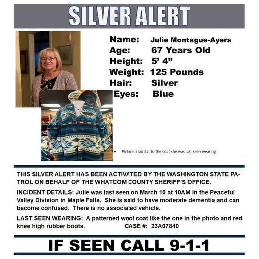 MissingPeopleAA's tweet photo. Julie Montague-Ayers, age 67
Maple Falls, Washington
#Missing #MPIA_Alert #Washington #SILVERalert
SOURCE
https://t.co/D5or1Q01r9 https://t.co/mhJSShqamx