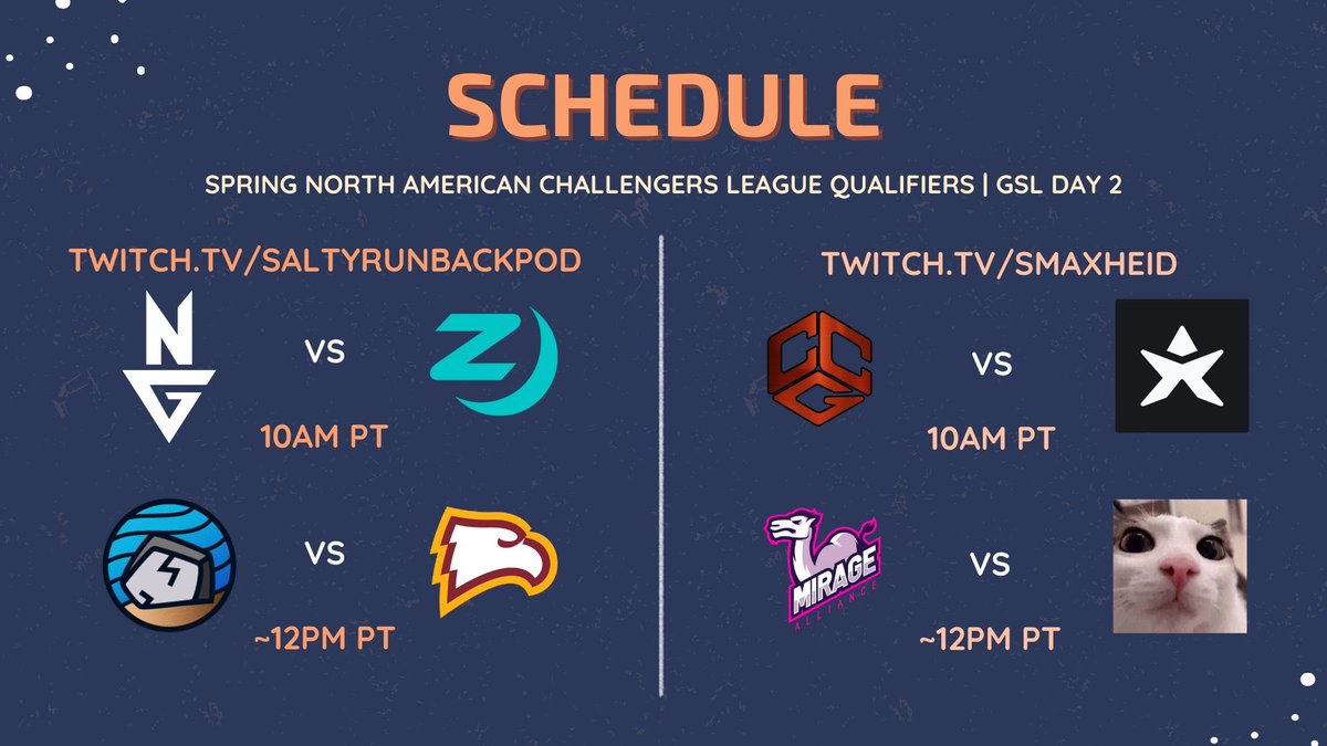 Day 2 of #NACLQ group stage kicks off tomorrow! 

We’ll see action from group C and D, gonna get first looks of a few teams in bo3s as well as bubble teams N8V and CCG. EACH BO3 WIN IS 20 QUAL POINTS

I’ll be on the mic w/ <a href="/Axeman87Casts/">Axeman87</a> on @SaltyRunbackPod for RB vs WU. LFG
