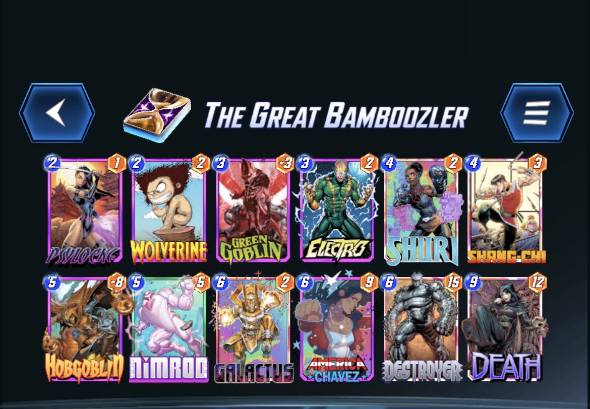 Tangster1922's tweet photo. Fastest infinite ever for me with turn 6 Galactus. Goblins are nuts and no one knows what your trying to do which helps. Flex slots are death and Shang Chi https://t.co/nrKypLzePR