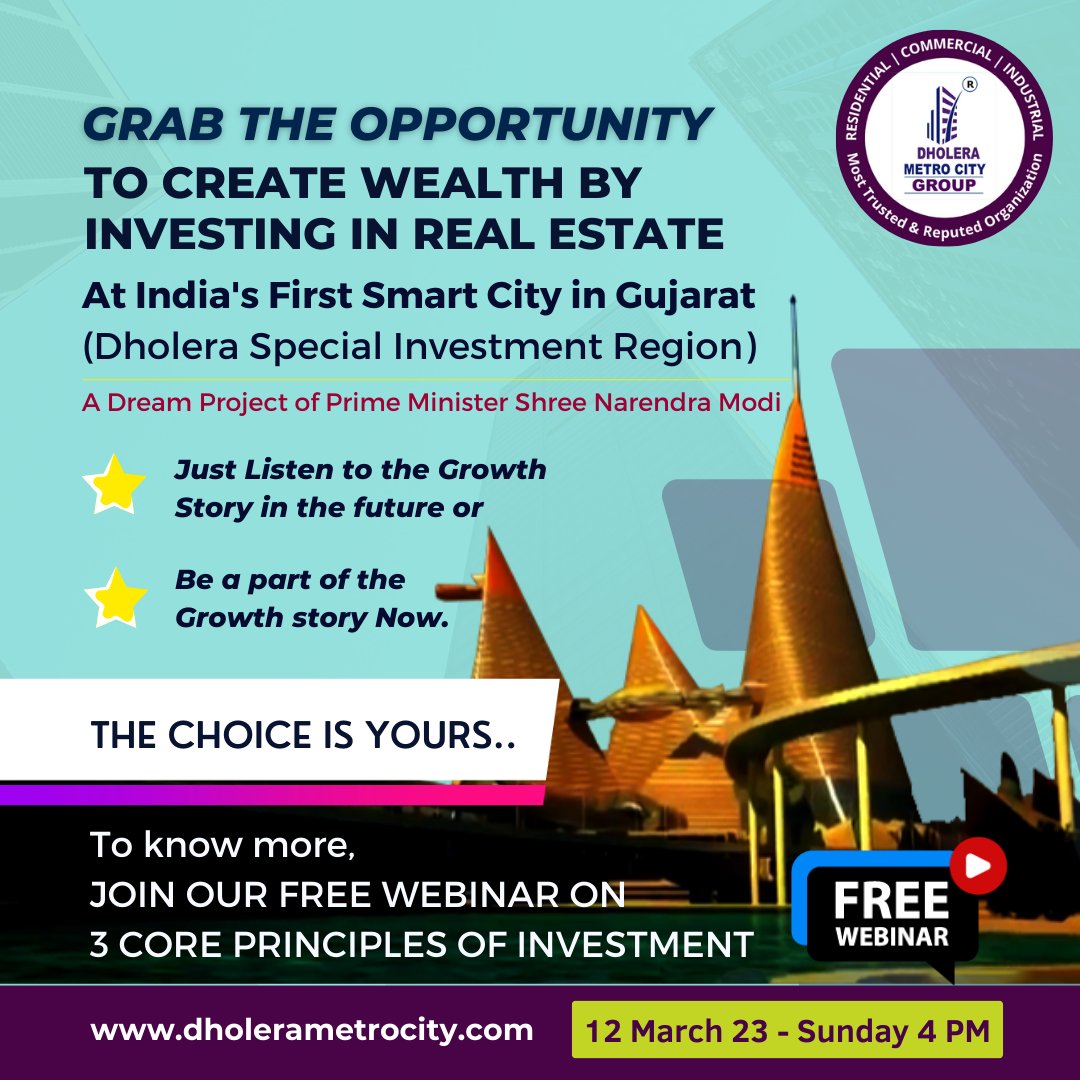 Free webinar and join on Sunday 12 March 2023 at 4 PM.

Meeting URL:
To join the video meeting, click this link: 
us02web.zoom.us/j/8394106126?p…
Passcode: DMC1081 

#InvestInIndia #Webinar #investmentwebinar #DholeraSmartCity #DholeraSIR #DholeraMetroCity #freewebinar