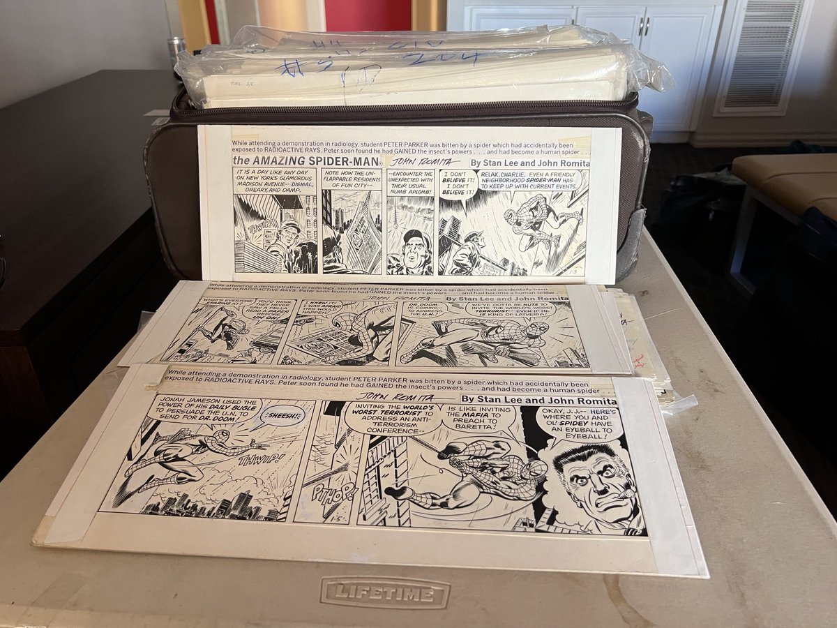 Coming this fall, John Romita's The Amazing Spider-Man Daily Strips Artist's Edition. Below is a shot of the first three strips from early January 1977. Behind them are hundreds more. It will be 19 x 15 inches, two strips per page—more than 300 in total, all from 1977-1978.