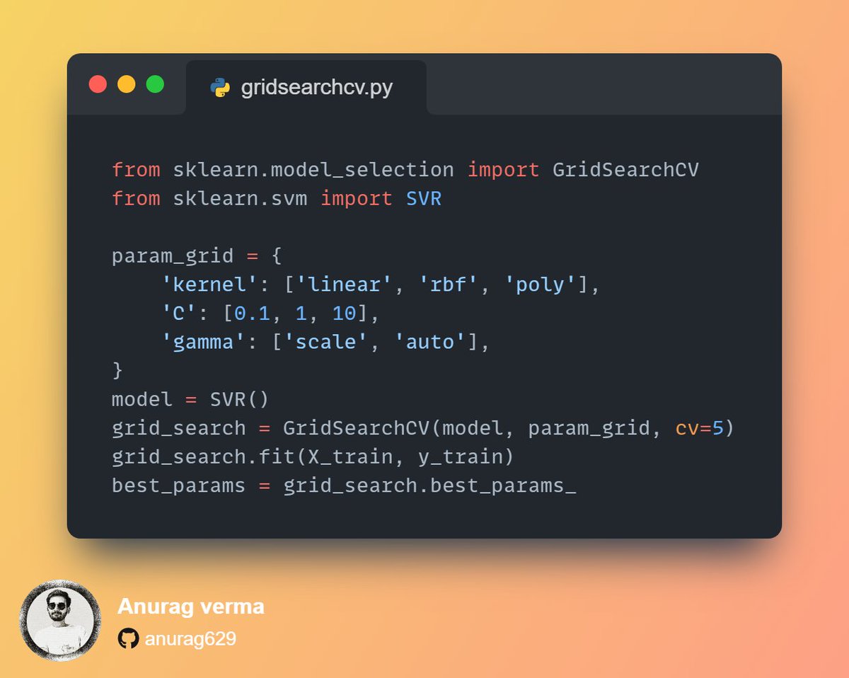 anurag_629's tweet image. GridSearchCV is a great tool for finding the best settings for your machine-learning models. It does a search to find the best combination. 🔍 #datascience #machinelearning #GridSearchCV