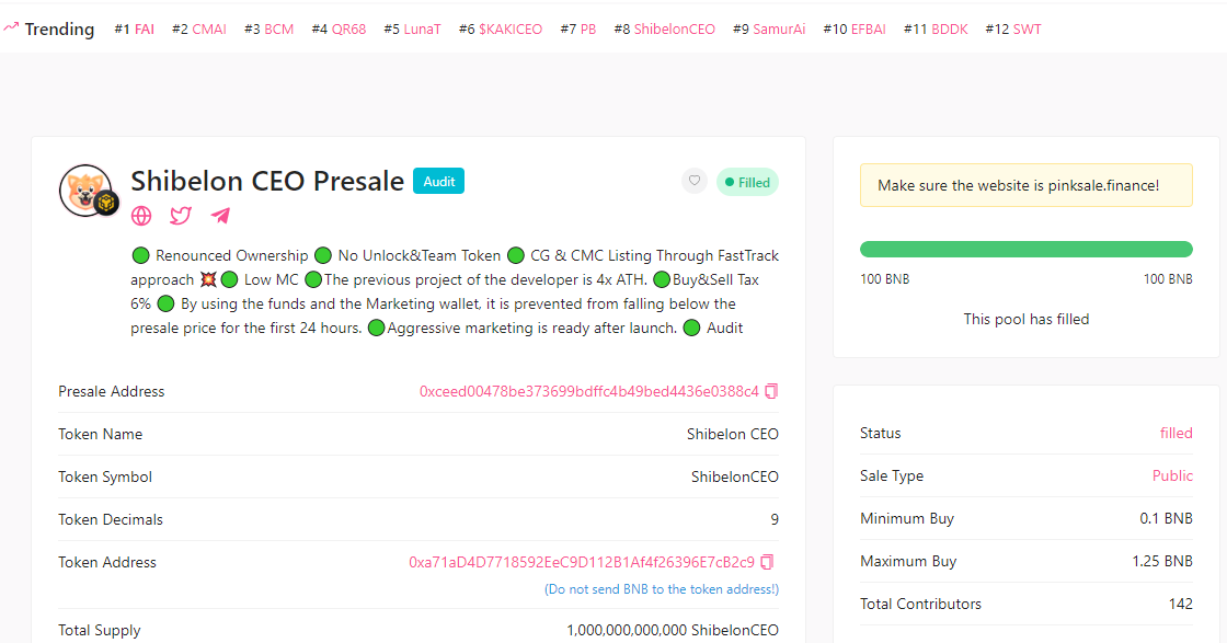 Katclv's tweet photo. His old project hit x4 . And this is a new project filled with 100bnb presale 
TW :  @ShibelonCEO
Congratulations to the ShibelonCEO contributors.👏👏👏100 BNB was contributed by 142 people and HardCap was reached in 10 minutes. It's also still Pinksale trending for the last 3 hours. Launch will take place on March 13 at 17 PM UTC.🙏
#DOGE #CEO #FLOKICEO #Shibarium #ShibaInu