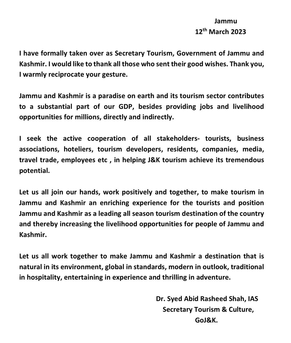 SyedAbidShah's tweet photo. A few thoughts on joining as Secretary Tourism, J&K. https://t.co/8p1QAb5mdI