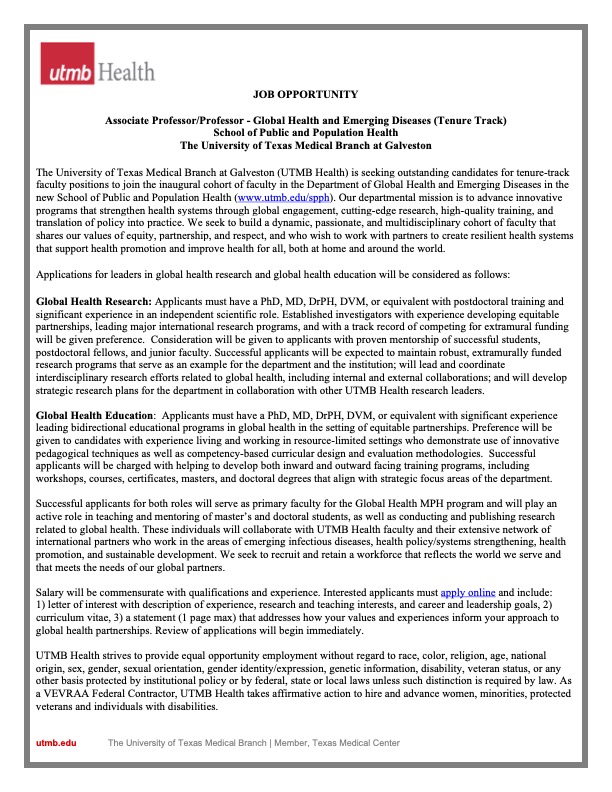 Dr. Matthew Dacso (@drmattdacso) on Twitter photo The @UTMB_SPPH is hiring!
We are recruiting global health educators, researchers, and practitioners to join our team <a href="/utmbhealth/">UTMB Health</a> as tenure-track faculty members to help build the new Department of Global Health and Emerging Diseases.
Job ad is here: The @UTMB_SPPH is hiring!
We are recruiting global health educators, researchers, and practitioners to join our team <a href="/utmbhealth/">UTMB Health</a> as tenure-track faculty members to help build the new Department of Global Health and Emerging Diseases.
Job ad is here: