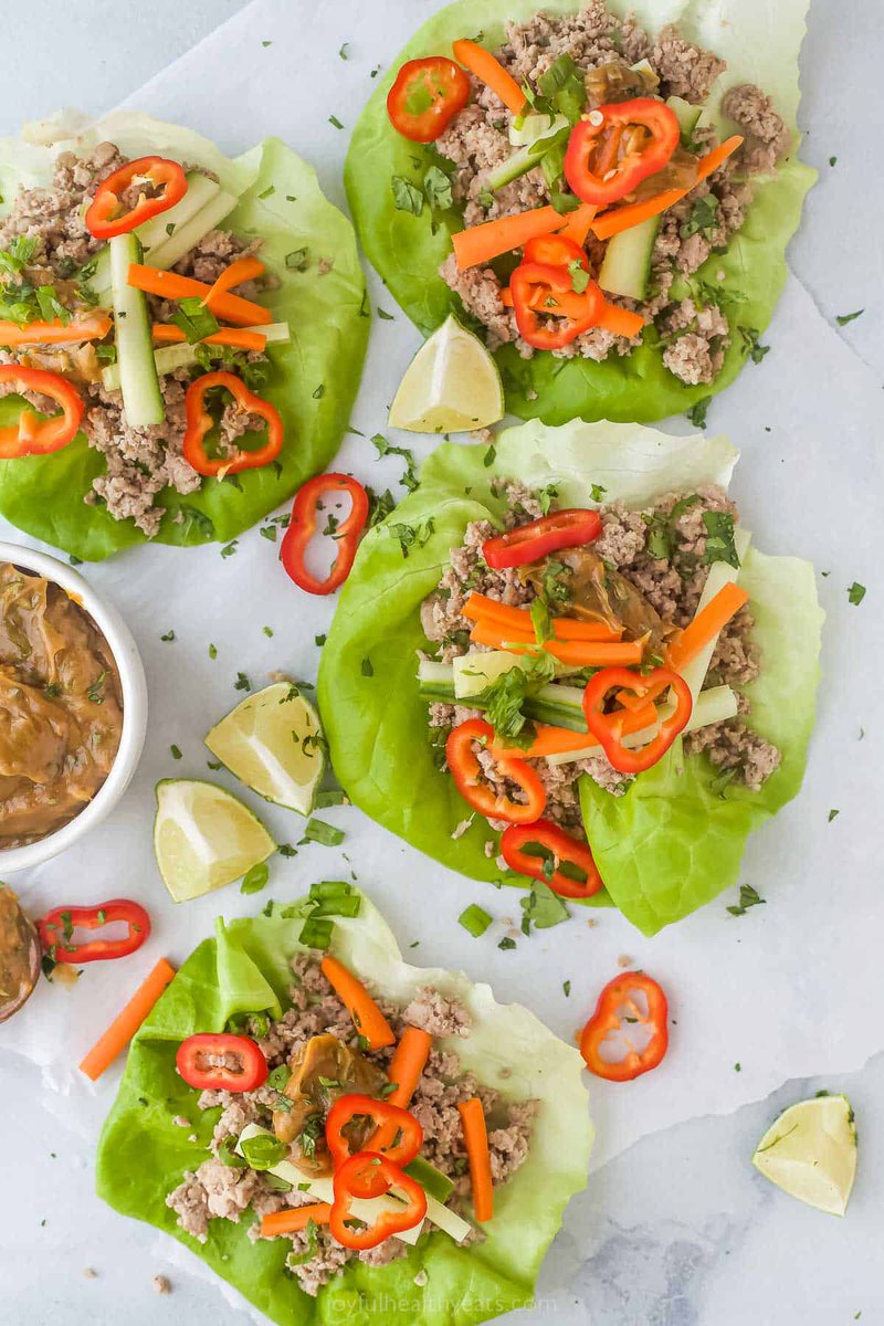 StateofSlim's tweet photo. These Thai Chicken Lettuce Wraps are made with chicken, fresh ginger, cilantro, fresh vegetables and slathered in a Spicy Peanut Sauce. It’s a quick, easy and insanely delicious recipe that’s done in just 20 minutes! Recipe on Facebook. #HealthyEating https://t.co/5G3hHwepyh