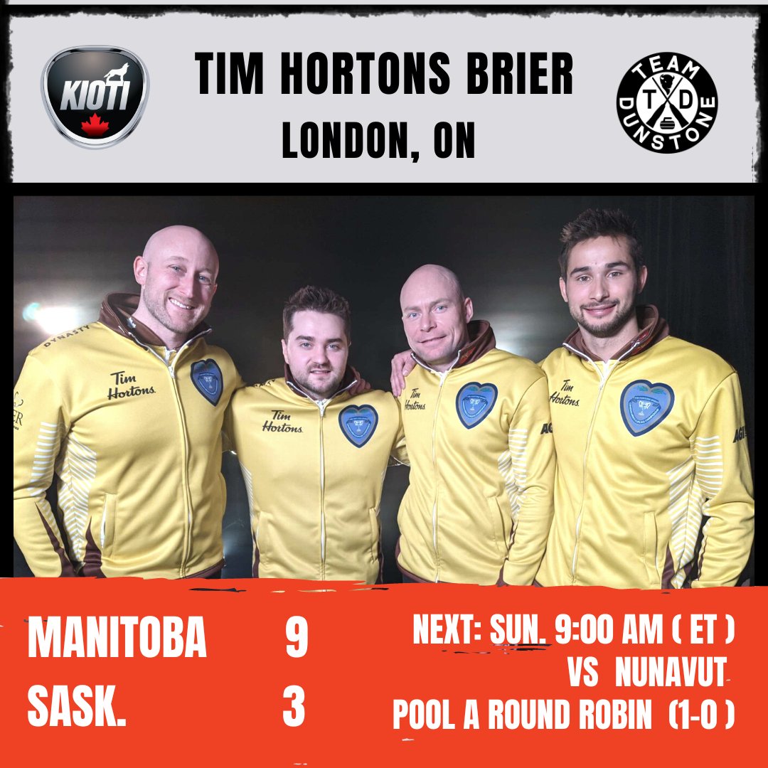 TeamMDunstone's tweet photo. The opening day jitters are behind us, as we kick off the 2023 Tim Hortons Brier with a solid 9-3 win over Saskatchewan.

We have the early draw Sunday at 9 am ET vs Nunavut.

Tune into TSN for draw coverage.

#KIOTITractor #curling #manitoba #TimHortonsBrier #Brier2023 https://t.co/iG5Q35OpN7