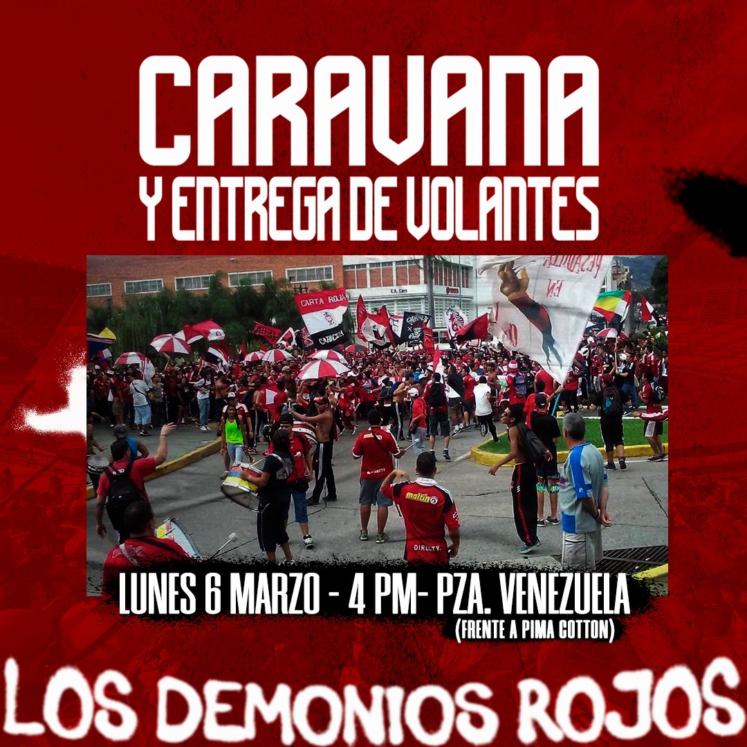 LDR_CFC's tweet photo. ¡Caravana y entrega de volantes!

Este lunes 06 de marzo estaremos en Plaza Venezuela (frente a la Pima Cotton, en el inicio del bulevar) desde las 4:00pm, haciendo entrega de volantes para invitar a los caraqueños al estadio para el partido del día martes por Copa Sudamericana. https://t.co/KANk9Cmv9g