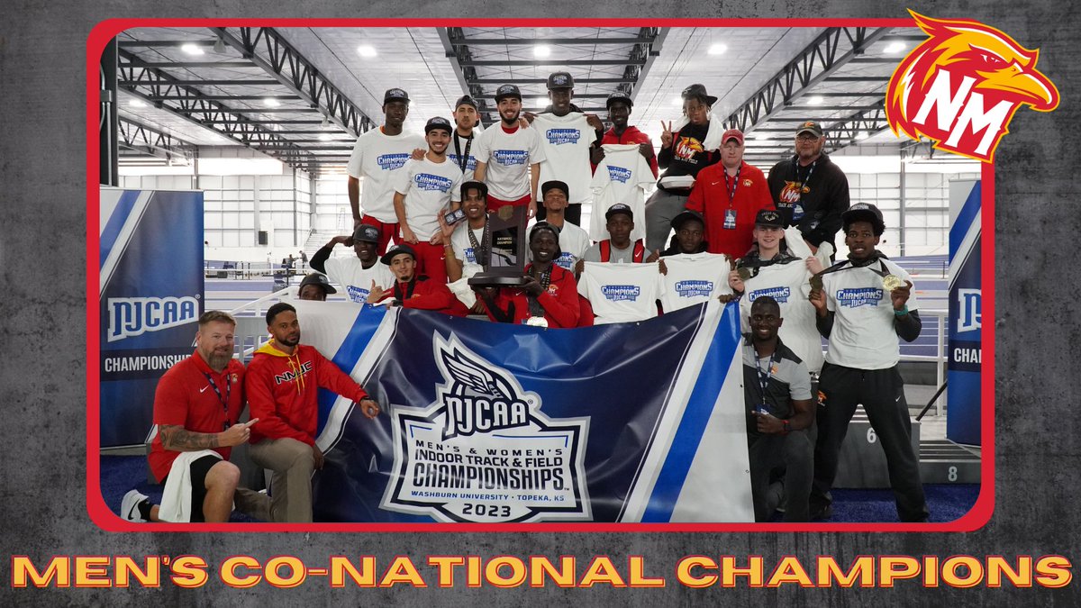 NMJCTbirds's tweet photo. The Thunderbirds are your 2023 NJCAA Men's Indoor Track and Field Co-National Champions! 

The T-Birds tied with South Plains, finishing in first place with 107 points! #FeelTheThunder https://t.co/AMNvXvLXqF