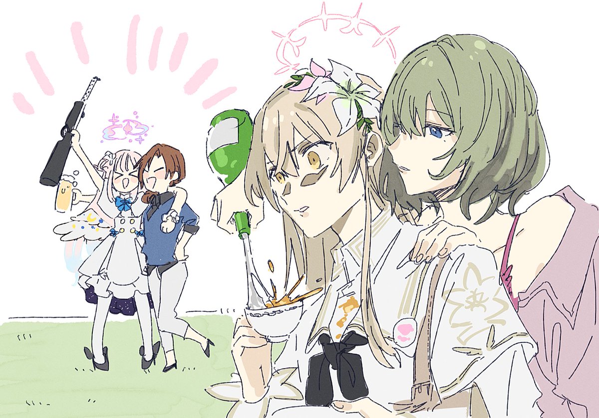 takagaki kaede multiple girls 4girls cup flower hair flower hair ornament halo  illustration images