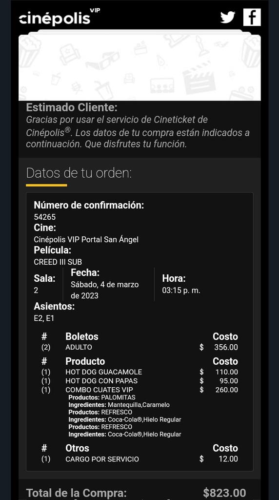Oigan <a href="/Cinepolis/">Cinépolis</a> el dia de hoy tuve varios problemas en la sala Vip 2 en portal San Angel, no limpian la sala toda la gente nos quejamos, adicional compre alimentos desde su app y tuve que reclamar 4 veces después de 40min de iniciada la función me los trajeron anexo evidencias