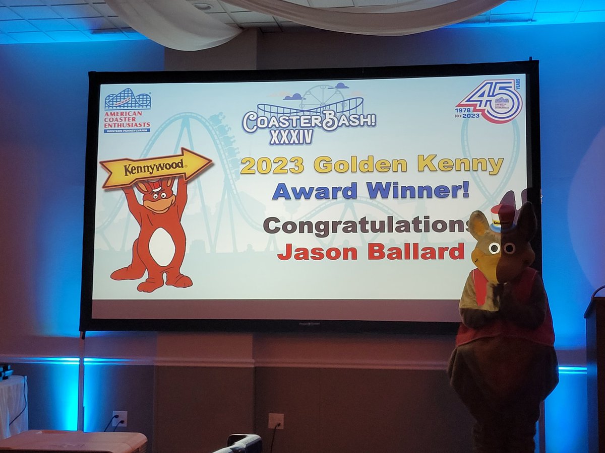 aceonlineorg's tweet photo. Congratulations to ACEers Matt Adler & Jason Ballard for being the 2022 & 2023 @Kenny_Kangaroo "Golden Kenny" Award winners during @ACEWesternPA #CoasterBash! 2023! #RideWithACE https://t.co/RsJK8LUfOh