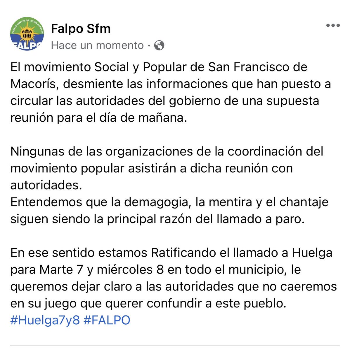 FALPOsfm's tweet photo. RATIFICAMOS LLAMADO A HUELGA EN TODO SAN FRANCISCO DE MACORIS. https://t.co/wJOv4tZZtR