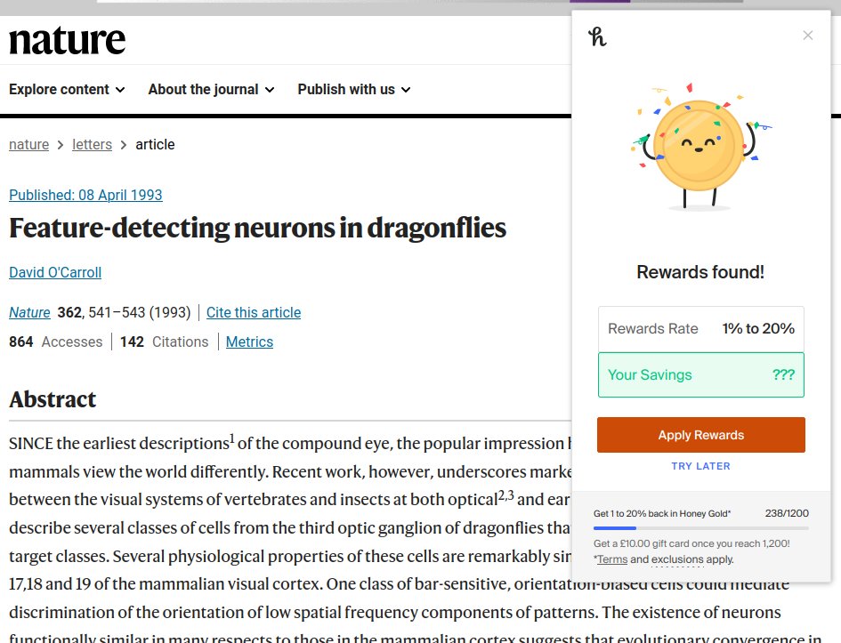 Honey has found rewards! ...on ...a paper... ...about the dragonfly visual processing system.