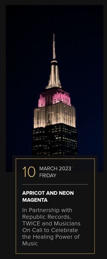 SubjectKpop's tweet photo. The Empire State Building will be changing their Tower Lights to Apricot and Neon Magenta (TWICE's colours) on 10 March 2023

#TWICE #트와이스 @JYPETWICE https://t.co/APOsDNkXLE