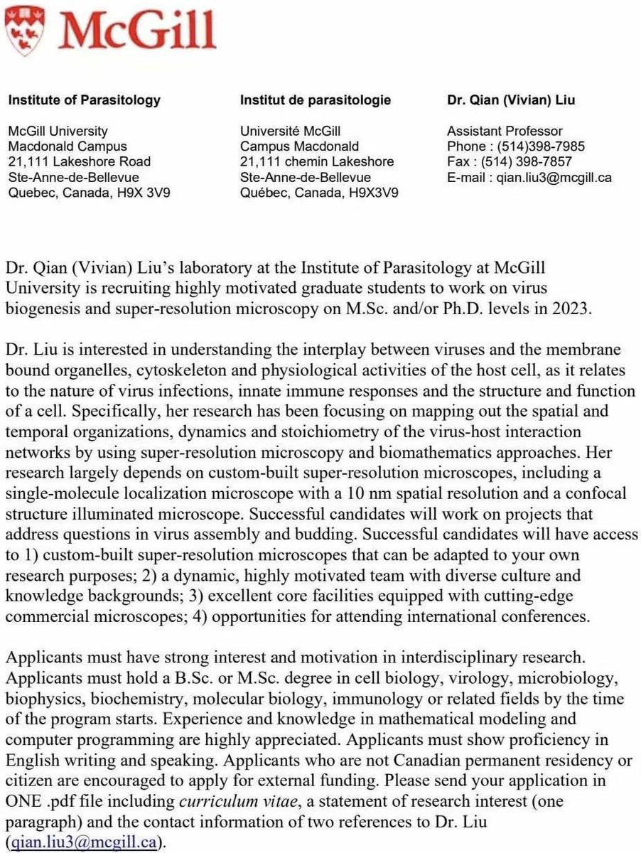 Ph.D. student opening in the field of virology at McGill 2023 Fall. Please circulate.