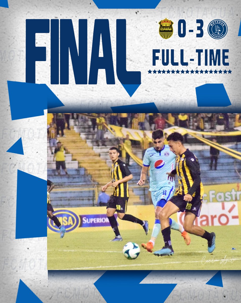 MOTAGUAcom's tweet photo. ⏱ | 90' | 2T | #RES 0 - 3 #MOT 

¡FINAL DEL PARTIDO! 

¡MOTAGUA! logra un triunfo contundente de 3-0 contra Real España en el Estadio Olímpico de San Pedro Sula.
  
#Motagua #CiclonAzul https://t.co/F5Cg0iRcx3