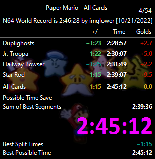imglower's tweet photo. Paper Mario All Cards in 2:45:12. This beats my old Wii U run from 2+ years ago, so this is overall the fastest run. Instead of beating Ch 5, I duped the Ch 3 seed 3 times. I also skipped Parakarry. F's in the chat for our boy o7 💌📨📭

Video: https://t.co/yFQWrOcOiF https://t.co/zMN7wu1imz