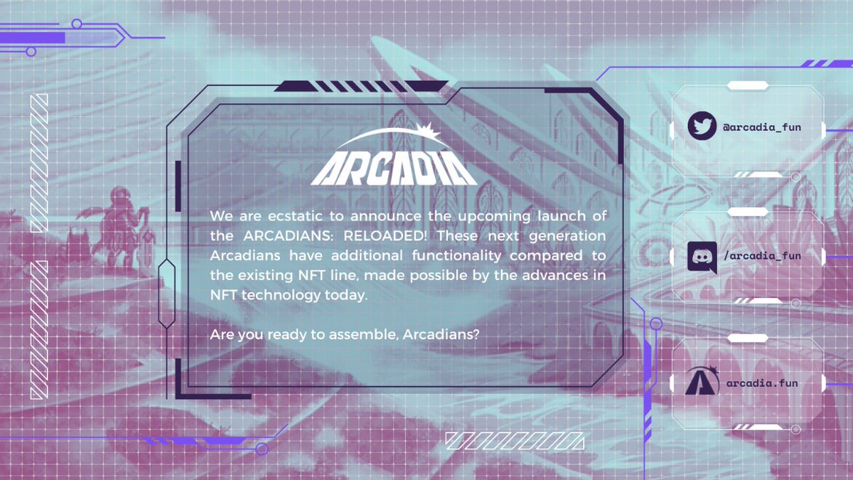 We are thrilled to announce the upcoming launch of the ARCADIANS: RELOADED ⚔️

These next generation Arcadian NFTs will have capabilities and functionalities made possible by the innovations in Blockchain today. 

Sign up for Pre-Mint NOW: premint.xyz/arcadians-relo…