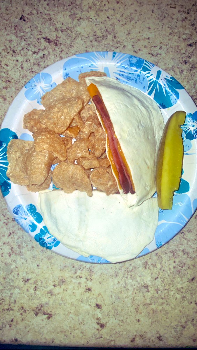 Dinner was a throwback to my childhood. I had an air-fried bologna sandwich on an egglife egg-white wrap with cheddar cheese, pork skins, & a pickle on the side. I like the thick cut bologna with the red ring!