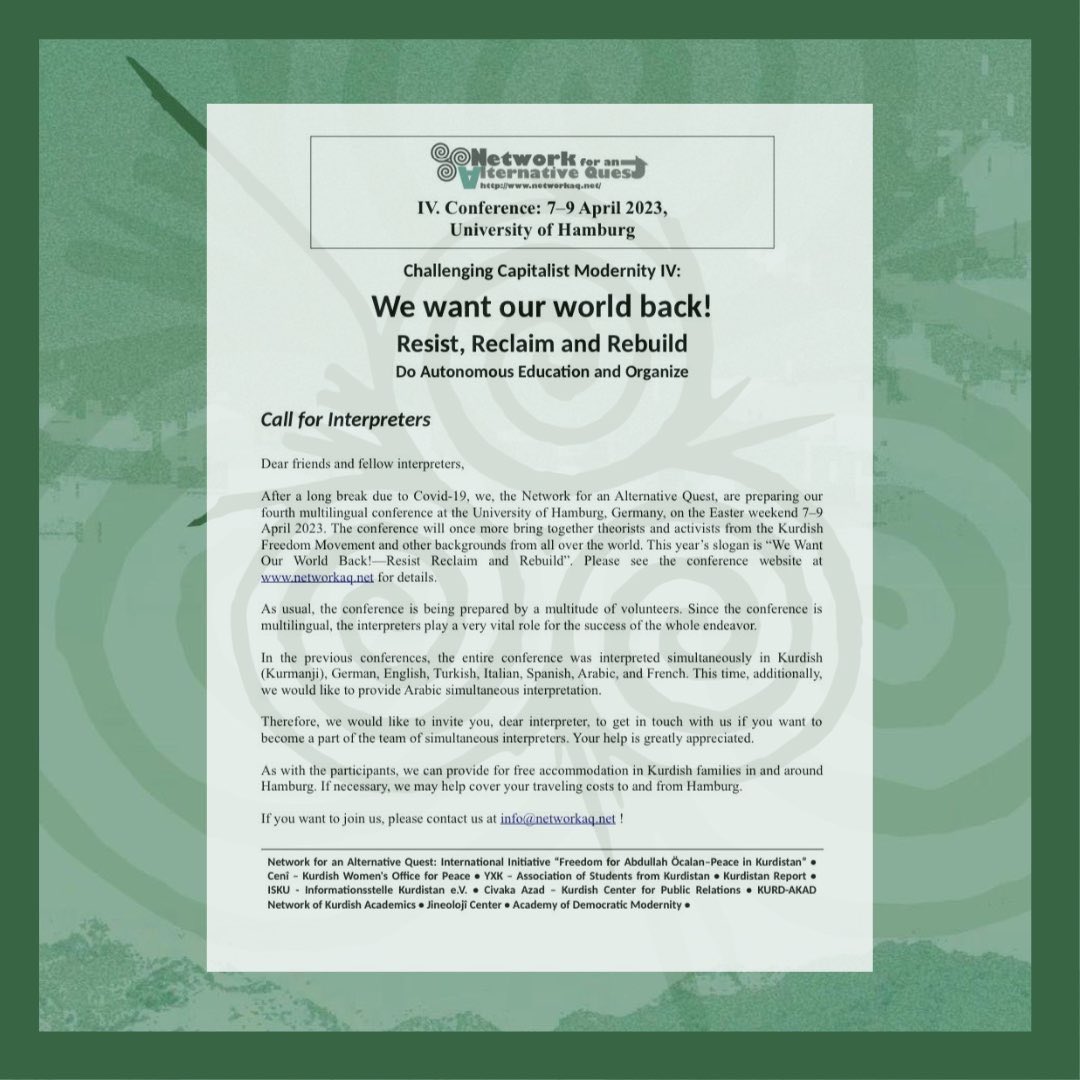 NetworkAQ's tweet image. We would like to invite you, dear interpreter, to get in touch with us if you want to become a part of the team of simultaneous interpreters. Your help is greatly appreciated.#networkforAQ #interpreters #kurdish #turkish #english #german #italian #spanish #arabic #french