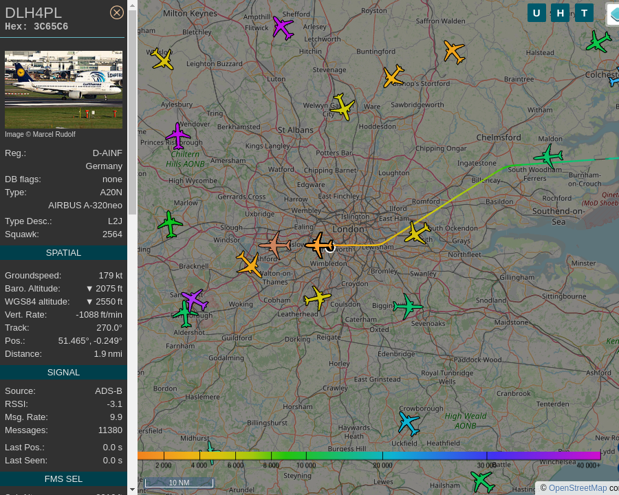 #DLH4PL D-AINF A320 271NSL Lufthansa FRA-LHR Frankfurt Airport to Heathrow Airport: 0.4 mi away @ 2625 ft and 51.0° frm hrzn, heading W @ 221.0mi/h 21:42:51. #Putney #SW15 #ADSB