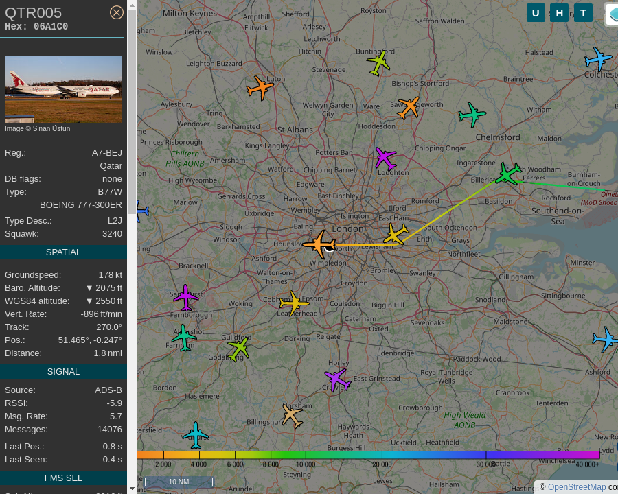 #QTR005 A7-BEJ 777 3DZER Qatar Airways DOH-LHR Hamad International Airport to Heathrow Airport: 0.4 mi away @ 2600 ft and 50.8° frm hrzn, heading W @ 227.1mi/h 21:39:19. #Putney #SW15 #ADSB