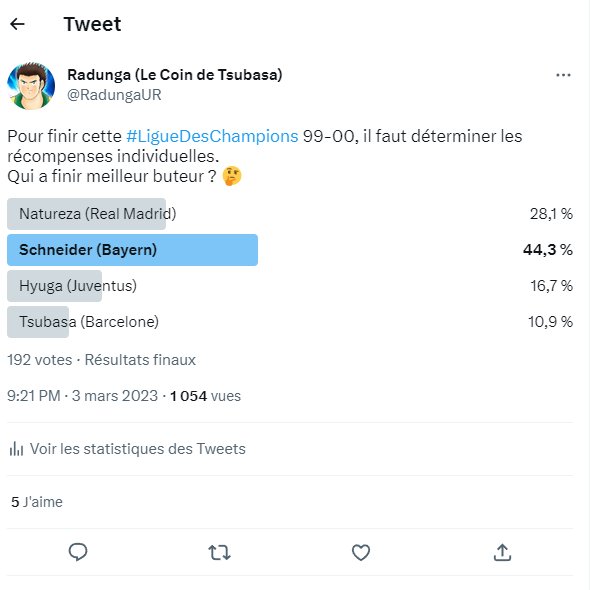 RadungaUR's tweet photo. Malgré une élimination en demi-finale, Schneider finit largement meilleur buteur de la #LigueDesChampions et Tsubasa est élu meilleur joueur de la compétition devant Natureza qui l'a battu en finale 😃
#CaptainTsubasa #remake #RoadTo2002 https://t.co/QmPyYEcFDq