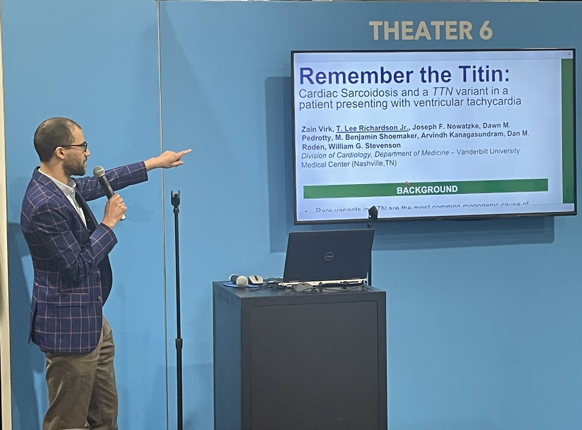 Great presentation by @tlrichardsonjr on a complex case of MMVT in a patient w a TTN mutation and cardiac sarcoid! Mentors: Drs. Roden, Stevenson, and Shoemaker. @BoydDamp @JaneFreedmanMD @AlexSullivan_MD @LindsayPanah @ArvindhKana