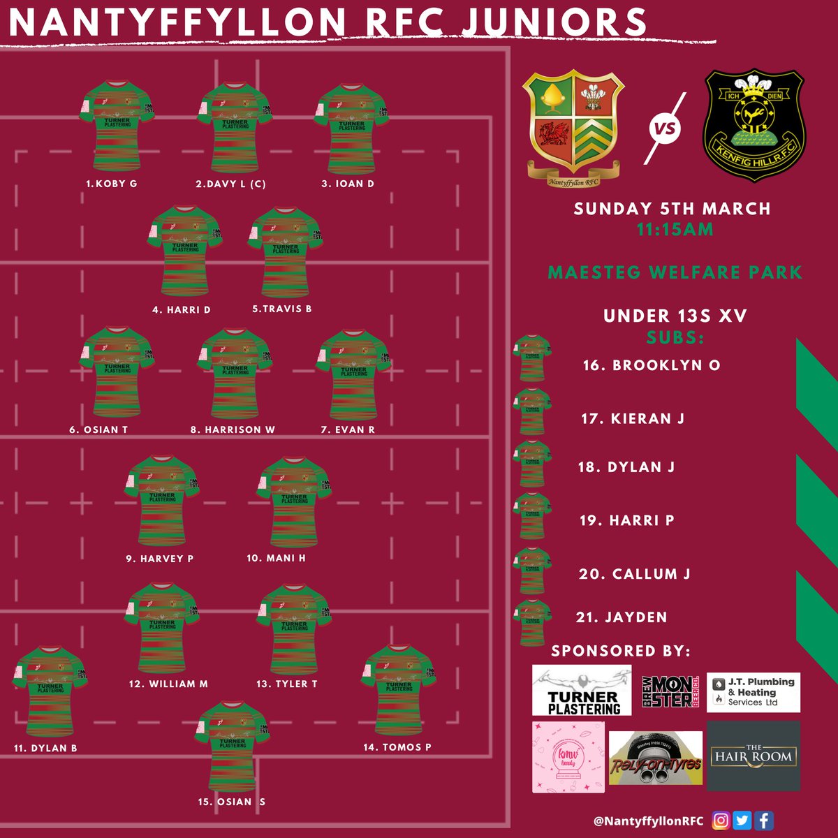 NantyffyllonRFC's tweet photo. Good luck to our under 13s tomorrow who host Kenfig Hill, who look to get back to winning ways after last weeks semi final heartbreak!

Here’s how they lineup ⬇️

Good luck ❤️💚

#UppaNant #MiniOwls https://t.co/joxfTkv28m