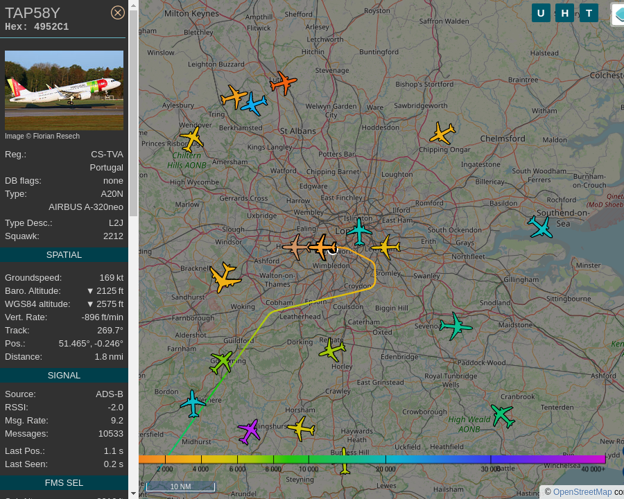 #TAP58Y CS-TVA A320 251NSL TAP Air Portugal LIS-LHR Lisbon Portela Airport to Heathrow Airport: 0.4 mi away @ 2625 ft and 50.8° frm hrzn, heading W @ 199.5mi/h 21:49:00. #Putney #SW15 #ADSB