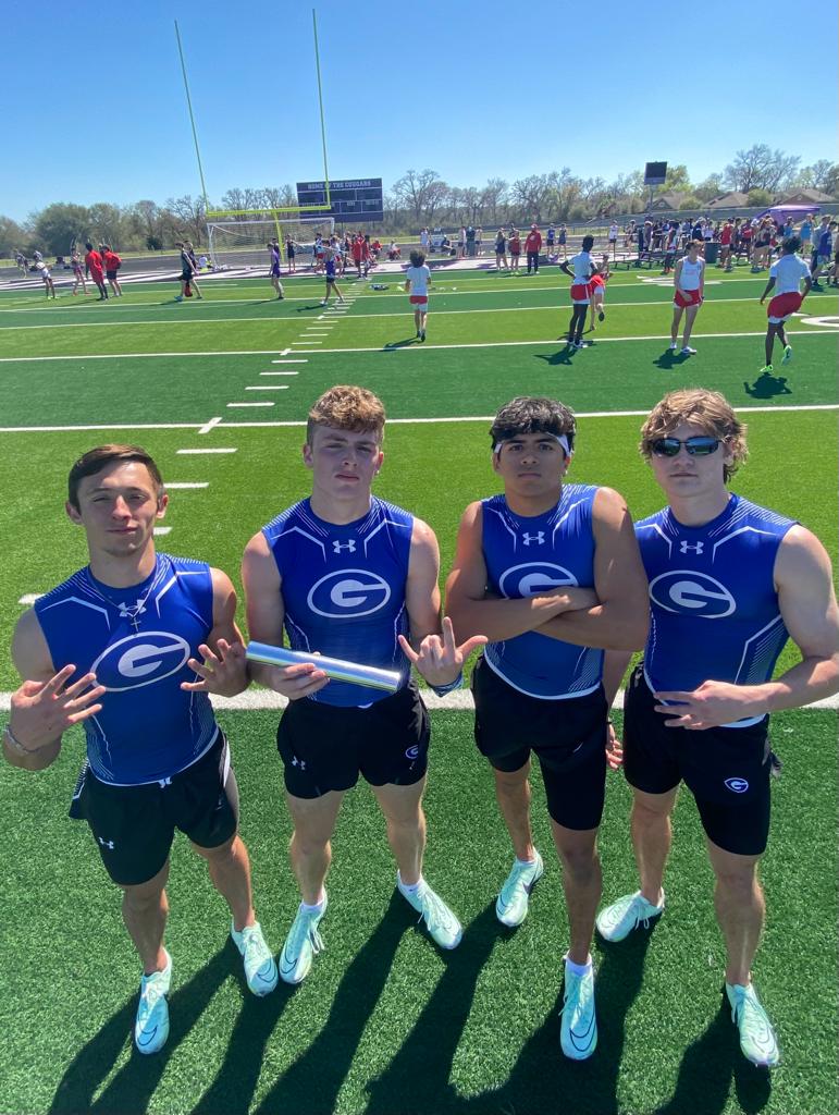 GtownTrack's tweet photo. It's official... NEW SCHOOL RECORD.  41.59 in the 400 meter relay.  Might not want to write that down in pen though, not even spring break yet🤫 https://t.co/VYCgjCw5gN
