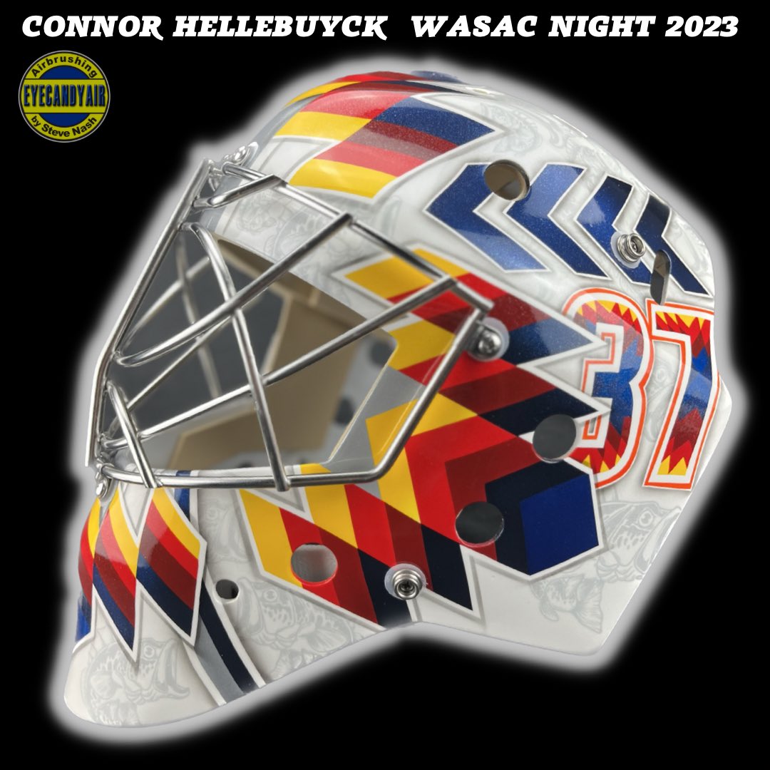 Eyecandyair's tweet image. Some still pics of Connor Hellebuyck’s @NHLJets ✈️ goalie mask for WASAC Night 🧡🏒 

Hand drawn and airbrushed 🎨 by Steve Nash of @Eyecandyair (on a @Progoalie) 

@wasacnews @NHL #GoJetsGo  #NHL #WASACNight #HockeyTwitter